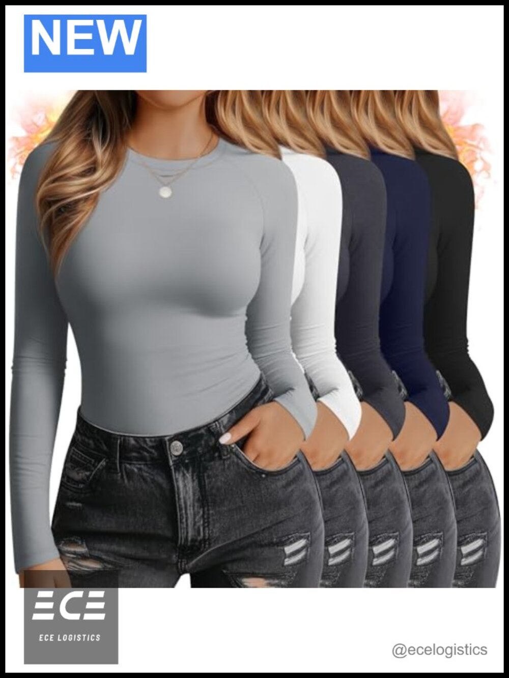 Womens Plus Size Fleece Lined Thermal Shirt 5 Pack Long Sleeve Crew Neck
